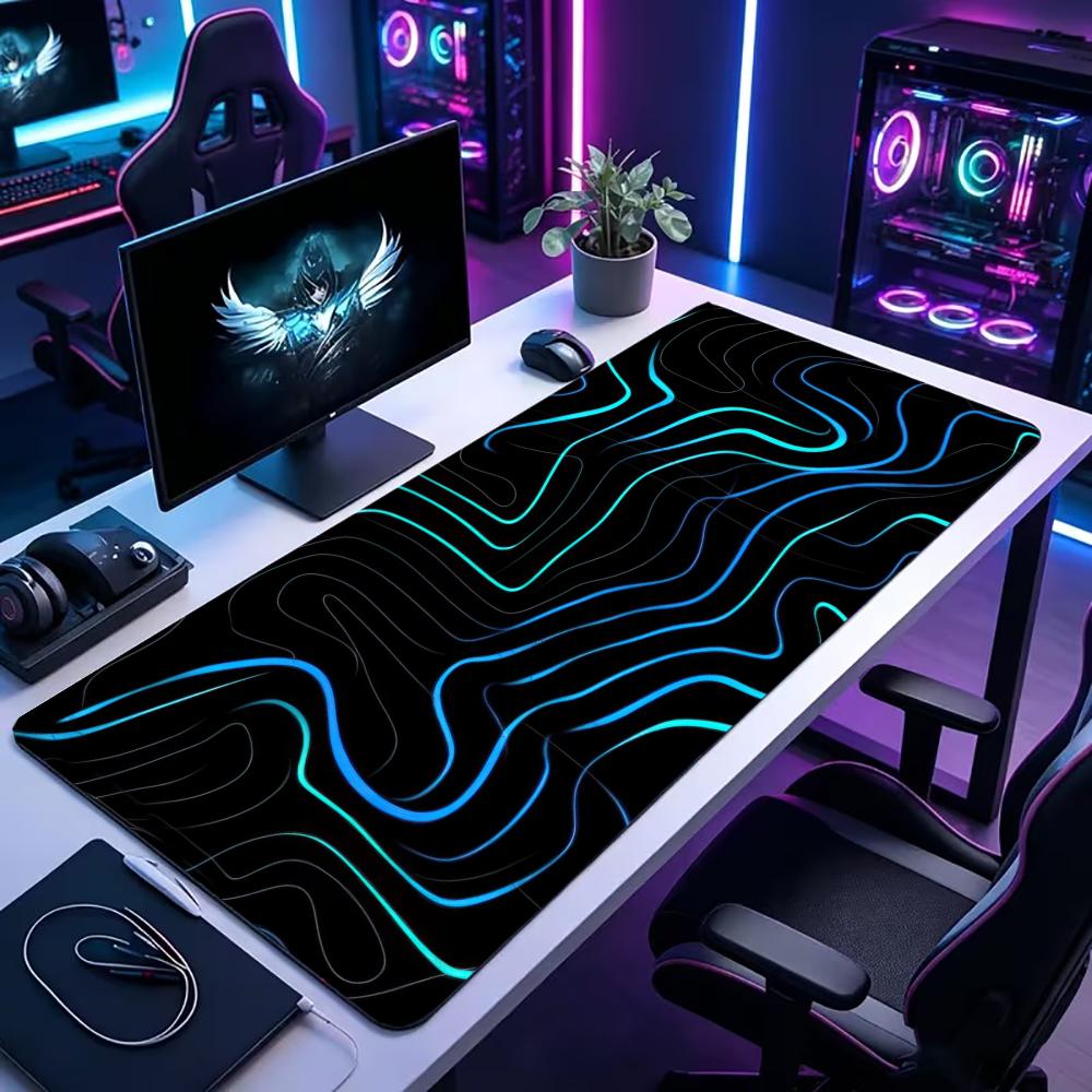 The Office Tech - แผ่นรองเมาส์เกมมิ่งขนาดใหญ่ XXL แผ่นรองคีย์บอร์ด สีฟ้า นีออน ลายเส้นคอนทัวร์